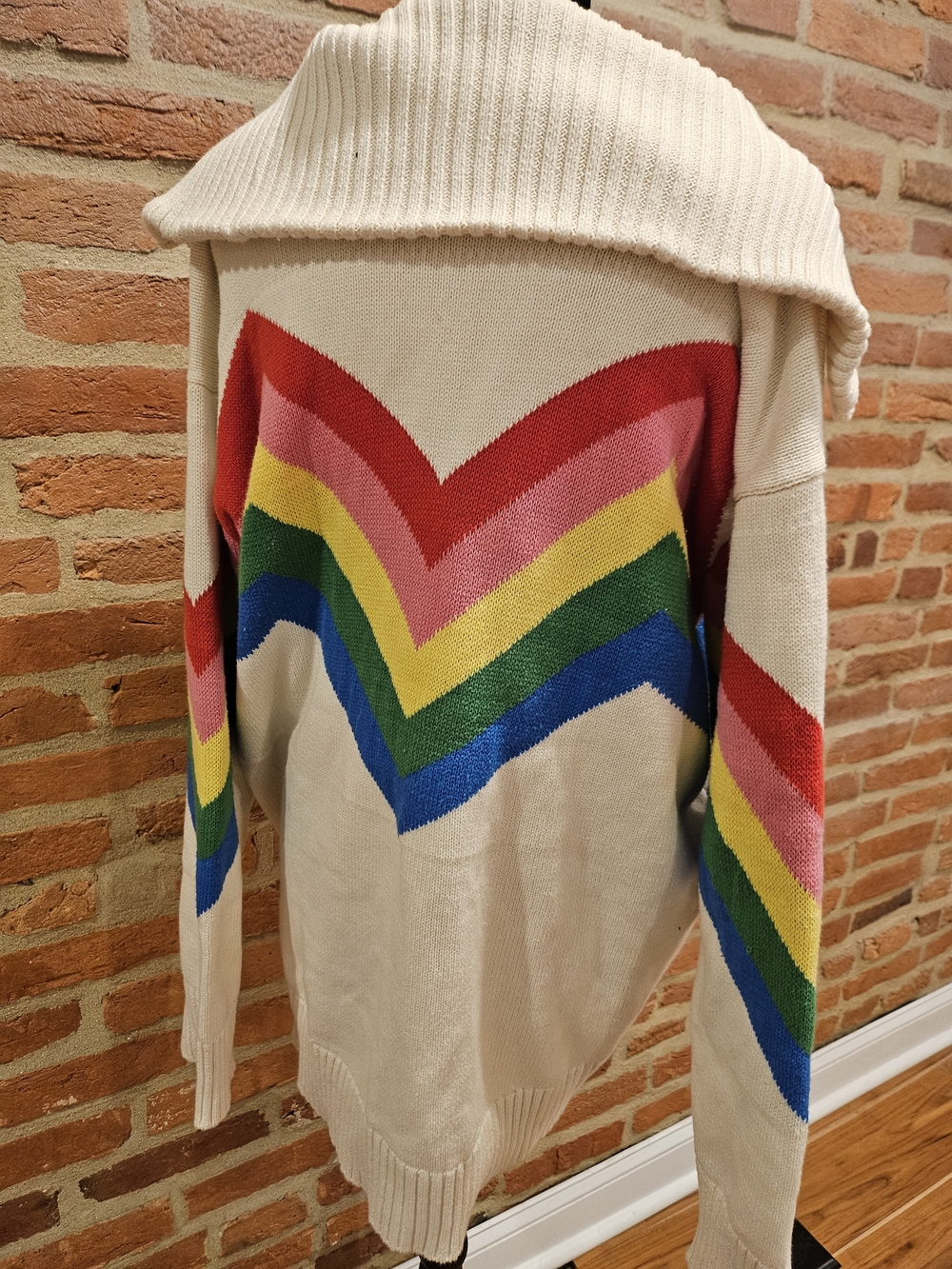 Cream Chevron Zip-Neck Sweater with Rainbow Stripes - Picture 6 of 6